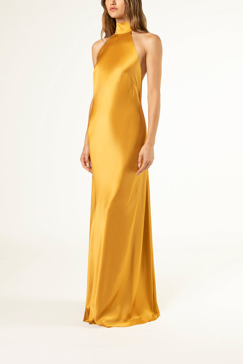 Halter tie neck backless gown - gold Michelle Mason Halter tie neck backless gown - gold Michelle Mason