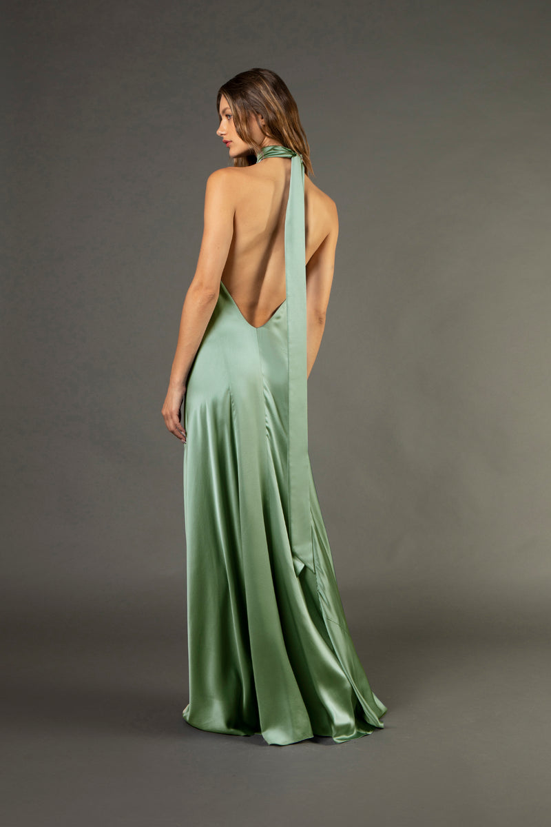 Halter tie neck backless gown - sage – Michelle Mason