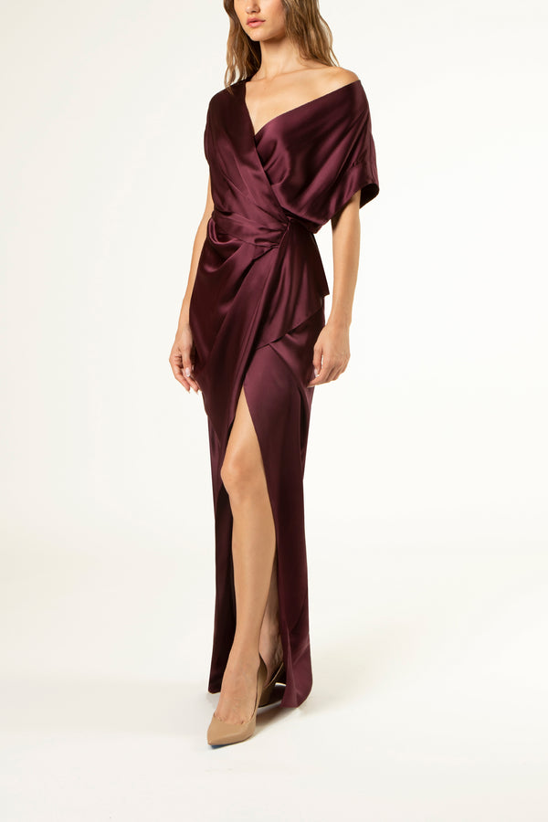 Open wrap drape detail gown - merlot