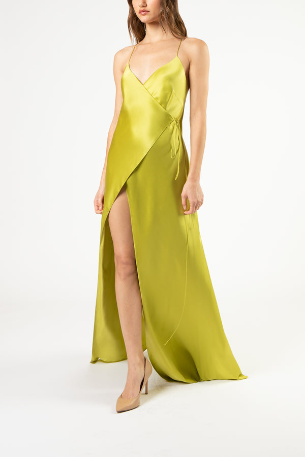 Strappy wrap gown - chartreuse